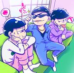  alternate_costume bad_id bad_pixiv_id black_hair brothers chain gold_chain hand_on_own_cheek jitome jumpsuit kenya_junior looking_at_another male_focus matsuno_ichimatsu matsuno_karamatsu matsuno_todomatsu multiple_boys osomatsu-kun osomatsu-san siblings sunglasses surgical_mask sweatdrop tied_sleeves tongue tongue_out veins window 