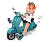  bad_id bad_pixiv_id bike_shorts blue_eyes blue_footwear dust_cloud goggles ground_vehicle hand_on_own_head helmet motor_vehicle motorcycle_helmet original red_hair riding scooter shirt shoes short_hair smile solo sonapo tan vespa white_shirt 