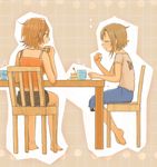  bare_shoulders barefoot brown_hair chair closed_eyes cup eating food from_behind from_side idolmaster idolmaster_cinderella_girls kimura_natsuki looking_at_another machi-z multiple_girls open_mouth pants profile sandwich shirt short_hair shorts sitting t-shirt table tada_riina tank_top 