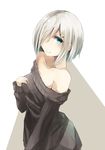  alternate_costume arched_back bad_id bad_pixiv_id bare_shoulders blue_eyes breasts collarbone commentary from_side hair_ornament hair_over_one_eye hairclip hamakaze_(kantai_collection) hand_on_own_chest highres kantai_collection large_breasts long_sleeves looking_at_viewer miyabino_(miyabi1616) ribbed_sweater short_hair silver_hair simple_background smile solo sweater white_background 