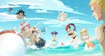  4girls ball barefoot bikini black_bikini black_hair blonde_hair breasts brown_eyes casual_one-piece_swimsuit charle_(fairy_tail) cleavage closed_eyes day erza_scarlet fairy_tail gajeel_redfox gray_fullbuster happy_(fairy_tail) highres large_breasts laxus_dreyar long_hair lucy_heartfilia mavis_vermilion medium_breasts multiple_boys multiple_girls natsu_dragneel navel one-piece_swimsuit outdoors ponytail red_hair scarf short_hair smile spiked_hair strib_und_werde swimsuit tattoo underboob wendy_marvell white_scarf white_swimsuit wings 