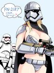  2boys armor bikini_armor blonde_hair blush bowieknife breasts cape captain_phasma cleavage commentary_request finn_(star_wars) first_order full-face_blush gauntlets gun large_breasts long_hair multiple_boys navel pauldrons redesign rifle science_fiction solo_focus spoilers star_wars star_wars:_the_force_awakens stormtrooper thought_bubble translation_request trigger_discipline weapon 