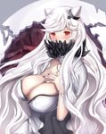  black_nails blush breasts cleavage highres horns kantai_collection large_breasts long_hair looking_at_viewer midway_hime nail_polish red_eyes shinkaisei-kan solo untsue white_hair 