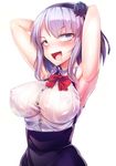  armpits arms_behind_back arms_up blue_eyes blush bow bowtie breasts covered_nipples dagashi_kashi flower hair_flower hair_ornament hairband high-waist_skirt highres large_breasts open_mouth purple_hair red_bow saliva saliva_trail shidare_hotaru shirt short_hair silly_(marinkomoe) simple_background skirt sleeveless sleeveless_shirt solo white_background 
