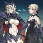  armor artoria_pendragon_(all) artoria_pendragon_(lancer_alter) bare_shoulders black_dress black_gloves bow breasts chromatic_aberration cleavage dress dual_persona elbow_gloves eye_contact fate/grand_order fate_(series) gloves hair_bow klon large_breasts looking_at_another multiple_girls navel pale_skin revealing_clothes saber_alter short_hair small_breasts underboob 