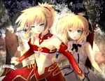  artoria_pendragon_(all) bad_id bad_pixiv_id bandeau blonde_hair bow caliburn clarent detached_sleeves eru_(948143) fate/apocrypha fate/grand_order fate/stay_night fate/unlimited_codes fate_(series) gloves green_eyes hair_bow midriff mordred_(fate) mordred_(fate)_(all) multiple_girls navel ponytail red_scrunchie ribbon saber saber_lily scrunchie strapless sword weapon 