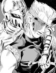  arm_around_neck bad_id bad_twitter_id earrings eyepatch greyscale highres jean_pierre_polnareff jewelry jojo_no_kimyou_na_bouken male_focus monochrome nebanomako one_eye_closed scar scar_across_eye silver_chariot stand_(jojo) 