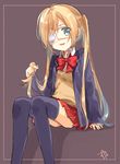  absurdres bad_id bad_pixiv_id blonde_hair blue_eyes chuunibyou_demo_koi_ga_shitai! cosplay dekomori_sanae eyepatch fusion hair_twirling highres long_hair school_uniform sitting solo takanashi_rikka takanashi_rikka_(cosplay) thighhighs twintails zuho_(vega) 