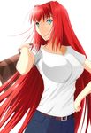  aozaki_aoko belt blue_eyes breasts denim hair_intakes hand_on_hip highres jeans large_breasts long_hair melty_blood pants red_hair shirt smile solo suitcase tsukihime white_shirt yuuk33 