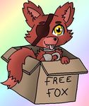  animatronic box cute english_text eye_patch eyewear five_nights_at_freddy&#039;s foxy_(fnaf) fur happy machine psychadelic_background robot tagme text unknown_artist video_games yellow_eyes 