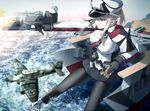  aircraft airplane black_legwear blonde_hair blue_eyes breasts cannon capelet commentary_request gloves graf_zeppelin_(kantai_collection) hair_between_eyes haribote_(tarao) hat jacket kantai_collection large_breasts long_hair machinery necktie ocean pantyhose peaked_cap sidelocks skirt solo tsurime turret twintails uniform walking walking_on_liquid water 
