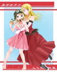  ayase_arisa ayase_eli bakemonogatari bare_shoulders barefoot blonde_hair blue_eyes blush cosplay doughnut dress elbow_gloves food fur_trim gloves goggles helmet high_heels hug kiss-shot_acerola-orion_heart-under-blade kiss-shot_acerola-orion_heart-under-blade_(cosplay) long_hair love_live! love_live!_school_idol_project monogatari_(series) multiple_girls oshino_shinobu oshino_shinobu_(cosplay) satsuma_age siblings sisters smile title_parody 