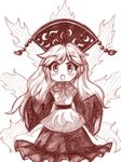 blush chibi chinese_clothes energy fox_tail hat junko_(touhou) long_sleeves monochrome multiple_tails open_mouth solo tail touhou wide_sleeves yuran_(kuen-hien) 