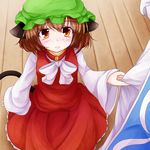  animal_ears blush brown_hair cat_ears chen commentary_request dress hat highres long_sleeves mob_cap multiple_girls neko_mata red_dress ribbon short_hair tail touhou yakumo_ran 