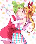  blush brown_hair cake closed_eyes food fukuhara_ann green_hair kiss long_hair morizono_wakana multiple_girls mytyl pretty_(series) pretty_rhythm pretty_rhythm_rainbow_live short_hair yuri 