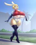  anthro big_breasts blonde_hair blue_eyes boots breasts clothing female footwear gloves hair huge_breasts hyper hyper_breasts lagomorph lips mammal marauder6272 nipples outside pussy rabbit short_hair solo thick_thighs top wide_hips 