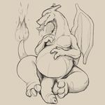  anthro balls charizard daftpatriot dripping flaccid front_view greyscale humanoid_penis hyper hyper_penis long_foreskin monochrome moobs naughty_face nintendo overweight pencil_(artwork) penis pok&eacute;mon saliva scalie sitting solo tongue tongue_out traditional_media_(artwork) uncut video_games 