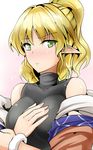  alternate_hairstyle blonde_hair breasts green_eyes hand_on_own_chest highres large_breasts lips looking_at_viewer mizuhashi_parsee off_shoulder pointy_ears ponytail shirt solo touhou undershirt upper_body y2 
