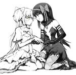  akemi_homura akuma_homura argyle argyle_legwear bare_shoulders black_dress black_gloves black_hair blush bow brooch center_opening choker cleavage_cutout collarbone detached_sleeves dress elbow_gloves eye_contact full_body gloves greyscale hair_bow high_heels holding_hands jewelry kaname_madoka kneeling layered_skirt long_hair looking_at_another magical_girl mahou_shoujo_madoka_magica mahou_shoujo_madoka_magica_movie monochrome multiple_girls red_eyes short_hair short_sleeves silverxp simple_background sitting smile spoilers spot_color strapless strapless_dress sweatdrop tattoo thighhighs two_side_up ultimate_madoka wariza white_background white_dress wrist_cuffs yellow_eyes yuri 