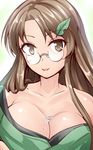  breasts brown_eyes brown_hair bust_cup cleavage futatsuiwa_mamizou futatsuiwa_mamizou_(human) glasses highres large_breasts leaf leaf_on_head light_smile lips pince-nez sketch smile solo tongue tongue_out touhou y2 