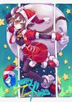  aile bag brown_hair gloves green_eyes hat jacket long_hair pantyhose ponytail red_gloves rockman rockman_zx rockman_zx_advent sack santa_costume santa_hat shigehiro_(hiroi_heya) smile solo 