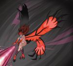  beam breasts gen_6_pokemon grey_background horns legendary_pokemon less long_hair medium_breasts monster_girl navel nude open_mouth personification pokemon red_hair silver_eyes solo talons uncensored wings yveltal 