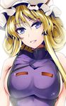  blonde_hair blue_eyes breasts highres large_breasts lips long_hair looking_at_viewer naked_tabard parted_lips simple_background sketch smile solo tabard touhou upper_body y2 yakumo_yukari 