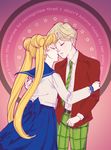  bishoujo_senshi_sailor_moon blonde_hair blue_sailor_collar crestomancer double_bun english highres imminent_kiss jacket juuban_middle_school_uniform long_hair mugen_gakuen_school_uniform multiple_girls necktie pants plaid plaid_pants pleated_skirt reverse_trap sailor_collar school_uniform serafuku short_hair skirt star striped striped_neckwear ten'ou_haruka tsukino_usagi twintails very_short_hair yuri 