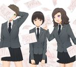  answer_sheet black_hair blazer brown_eyes brown_hair commentary_request green_eyes jacket looking_at_viewer multiple_girls necktie open_mouth original purple_eyes school_uniform short_hair skirt smile test yajirushi_(chanoma) 