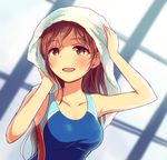  breasts brown_eyes brown_hair competition_swimsuit doseki_udon idolmaster idolmaster_cinderella_girls idolmaster_cinderella_girls_starlight_stage long_hair medium_breasts nitta_minami one-piece_swimsuit solo swimsuit towel 