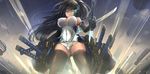  black_hair blue_eyes breasts cleavage elbow_gloves gloves headgear highres kikivi large_breasts leotard long_hair original solo sword thighhighs weapon 