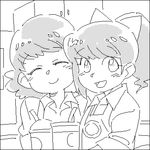  aida_(osomatsu-san) apron barista black_border border cup employee_uniform extra greyscale looking_at_viewer lowres monochrome multiple_girls oekaki osomatsu-san ponytail sachiko_(osomatsu-san) short_hair sketch sleeves_rolled_up smile uniform 