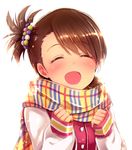  :d ^_^ beads blush brown_hair clenched_hands closed_eyes facing_viewer futami_ami hair_beads hair_ornament idolmaster idolmaster_(classic) ima_(lm_ew) jacket letterman_jacket open_mouth scarf smile solo striped striped_scarf upper_body 