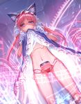  animal_ears bad_id bad_pixiv_id blush bow bow_panties cat_ears clarion dress dress_lift dutch_angle gloves highres koukaku_no_pandora long_hair mouth_hold navel observerz pandora_device panties pink_hair red_panties robot_joints side-tie_panties solo twintails underwear 