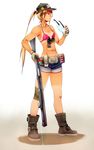  abs absurdres american_flag baseball_cap belt bikini_top blonde_hair boots borrowed_character breasts commentary_request denim denim_shorts eotech evolution_(movie) fingerless_gloves full_body gloves gun hat highres holster jessica_jefferson laser_sight long_hair looking_away navel onibi_(foxhound4185) original ponytail red_eyes shirt_tan short_shorts shorts shotgun shotgun_shells small_breasts solo standing strap_gap tan tanline weapon white_background 