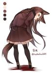  alternate_costume animal_ears bent_over black_legwear blush brown_hair coat color_guide contemporary from_behind full_body high_heels imaizumi_kagerou long_hair long_sleeves looking_at_viewer looking_back simple_background skirt solo tail thighhighs touhou toutenkou twitter_username white_background wolf_ears wolf_tail zettai_ryouiki 