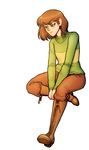  blush boots brown_eyes brown_hair chara_(undertale) cross-laced_footwear crossed_legs frown full_body highres knee_boots lace-up_boots looking_down moonywitcher short_hair simple_background sitting solo spoilers striped undertale v_arms white_background 