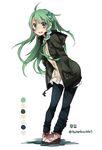  alternate_costume bent_over coat color_guide contemporary frog_hair_ornament full_body green_eyes green_hair hair_ornament hands_in_pockets hood kochiya_sanae long_hair long_sleeves open_mouth pants plaid plaid_pants shirt shoes simple_background smile snake_hair_ornament sneakers solo touhou toutenkou twitter_username white_background 