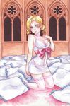  blonde_hair blue_eyes breasts catherine catherine_(game) choker cleavage crestomancer dress drill_hair highres ink_(medium) kneeling lipstick makeup medium_breasts pillow pink_lipstick ribbon short_dress solo strap_pull thighhighs traditional_media watercolor_(medium) white_dress 