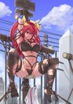  angry bdsm black_legwear black_panties bondage bound cross crotch_rope crucifixion day frogtie highres image_sample legs_up mutsu_(kantai_collection) mutsu_(snail) outdoors panties pixiv_sample predicament_bondage rakudai_kishi_no_cavalry red_eyes red_hair rope shibari solo stella_vermillion stormcow thighhighs torn_clothes torn_legwear underwear wooden_horse 