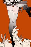  animal artist_name ass barcode bunny bunny_tail from_behind gradient gradient_legwear karabako kneepits leotard orange_background original simple_background skirt solo striped striped_skirt tail tattoo thigh_gap thighhighs too_many too_many_bunnies white_legwear 