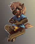  anthro barefoot blush braided_hair briefs clothing cub equine game_controller gaming ganache hair harmarist horse looking_at_viewer male mammal nes open_mouth penis_outline playing_videogame shirt sitting solo tears underwear young 