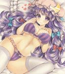  blush bra breasts crescent frilled_bra frilled_panties frills hair_ribbon hat heart highres large_breasts long_hair looking_at_viewer lying marker_(medium) mob_cap mugicha_(mugicha0929) navel on_back panties patchouli_knowledge purple_bra purple_eyes purple_hair purple_panties ribbon solo spread_legs striped striped_bra striped_panties thighhighs touhou traditional_media tress_ribbon underwear underwear_only very_long_hair white_legwear 