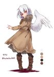  alternate_costume black_legwear boots coat color_guide contemporary fishnets from_behind full_body kishin_sagume long_sleeves looking_at_viewer looking_back red_eyes short_hair silver_hair simple_background single_wing solo touhou toutenkou twitter_username white_background wings 