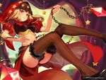  blonde_hair chain crop_top hood long_hair midriff odin_sphere puff_and_slash_sleeves puffy_sleeves purple_eyes shirabi solo striped striped_legwear thighhighs velvet_(odin_sphere) 