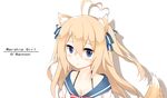  :o absurdres ahoge animal_ears bare_shoulders blonde_hair blue_eyes blush bow bowtie breasts character_name cleavage collarbone copyright_name ero_mang-a fox_ears fox_tail hair_between_eyes hair_ribbon heart_hair highres long_hair looking_at_viewer medium_breasts o'bannon_(zhan_jian_shao_nyu) parted_lips red_bow ribbon sailor_collar shirt silhouette simple_background smile solo strap tail two_side_up upper_body uss_o'bannon_(dd-450) white_background white_shirt zhan_jian_shao_nyu 
