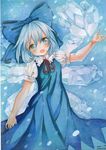  blue_dress blue_eyes blue_hair bow cirno dress fang grey_eyes hair_bow ice ice_wings looking_at_viewer mosho open_mouth puffy_short_sleeves puffy_sleeves shirt short_sleeves silver_hair smile solo touhou traditional_media watercolor_(medium) wings 