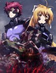  1girl absurdres ahoge antenna_hair blonde_hair blood blood_splatter blood_spray bodysuit frown german glowing glowing_eye green_eyes hair_ribbon highres katia_waldheim long_hair mecha mig-21_balalaika_(muvluv) muvluv muvluv_alternative official_art open_mouth pilot_suit ponytail red_hair ribbon schwarzesmarken science_fiction snow snowing theodor_edelbach very_long_hair yellow_eyes 