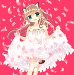  :d animal_ears aqua_eyes bad_id bad_pixiv_id bare_legs bare_shoulders blonde_hair cat_ears cat_tail dress frills long_hair natsukawa_sarasa open_mouth original petals simple_background skirt_hold smile solo tail 