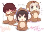  3girls alternate_costume animal_costume black_hair blonde_hair bow brown_eyes chibi commentary_request covering_ears covering_eyes covering_mouth earmuffs fubuki_(kantai_collection) green_eyes hair_bow kantai_collection monkey_costume multiple_girls mutsuki_(kantai_collection) new_year red_hair sitting three_monkeys translated watanon_(gakushokutei) yuudachi_(kantai_collection) 